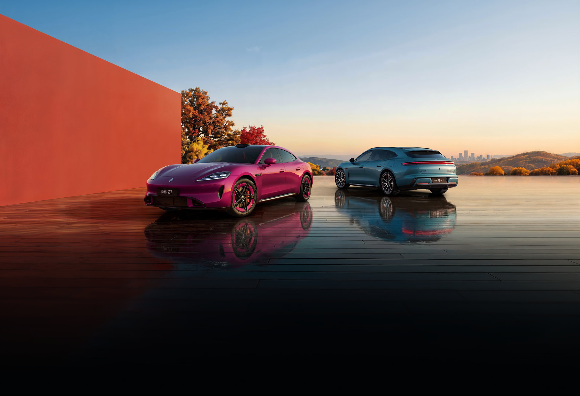 Side view of the Purple-Pink SAIC Z7 and the Fresh-Green SAIC Z7T, showcasing the vehicle's unique design language.